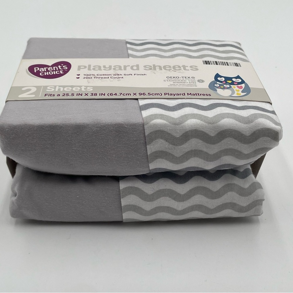 Parents Choice Playard Sheets Grey White Cotton Unisex Colors 2 Sheet Set